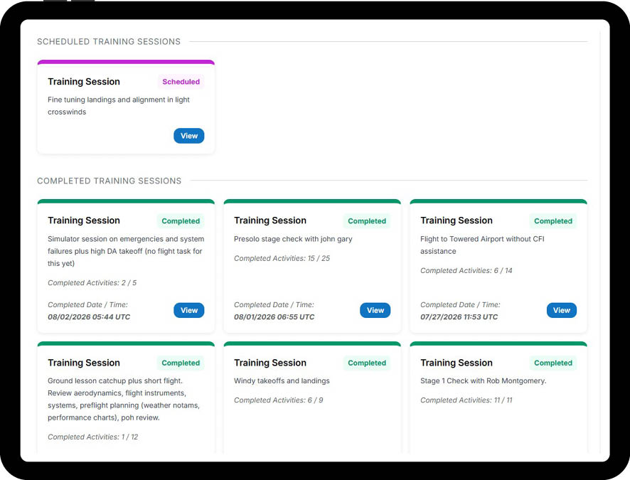 Training Sessions screen